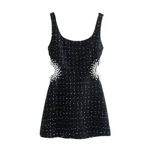 Zara textured tweed dress with faux pearl cut outs